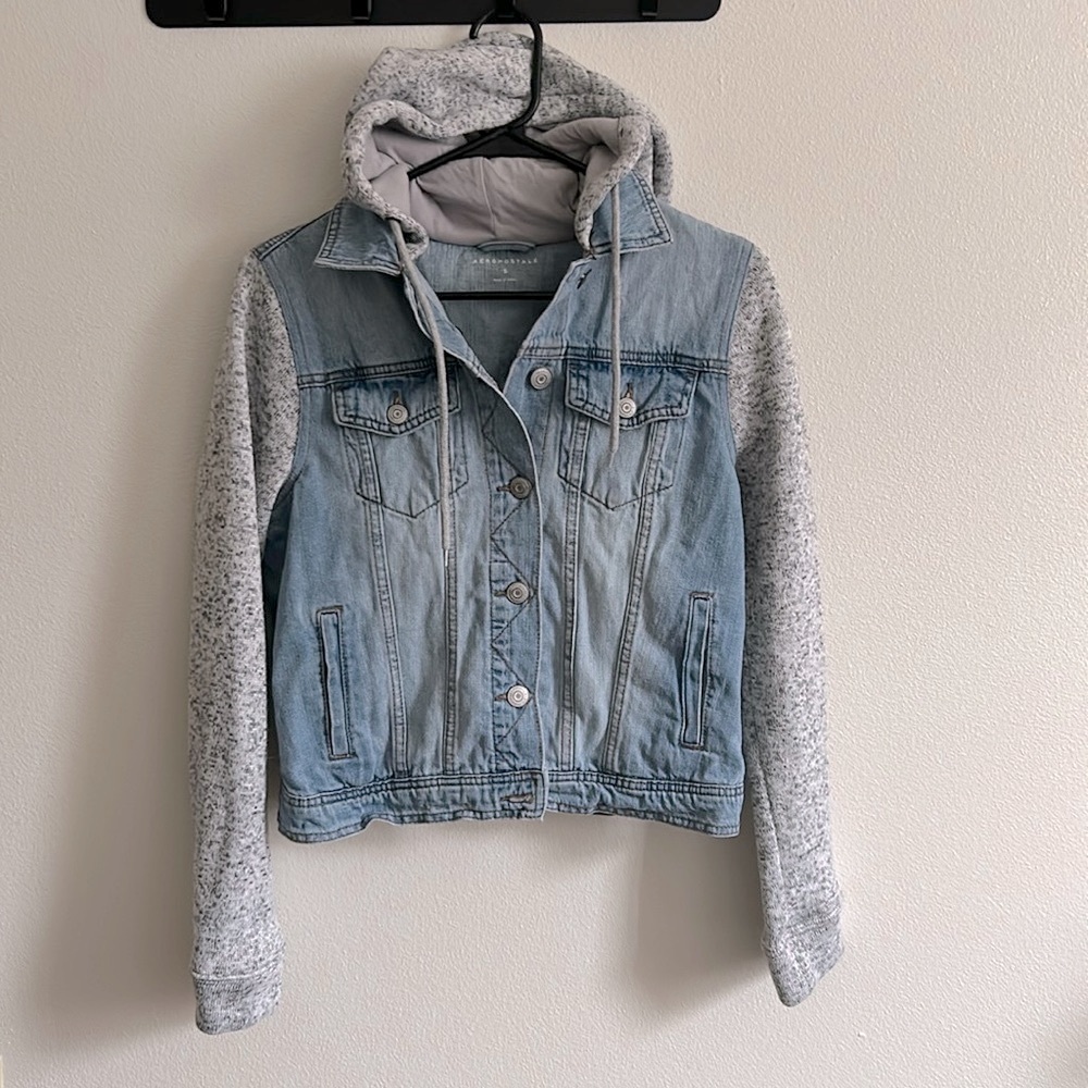 Aeropostale Women's Size Small Blue Denim Gray Jersey Sleeves Hoodie Jean Jacket
